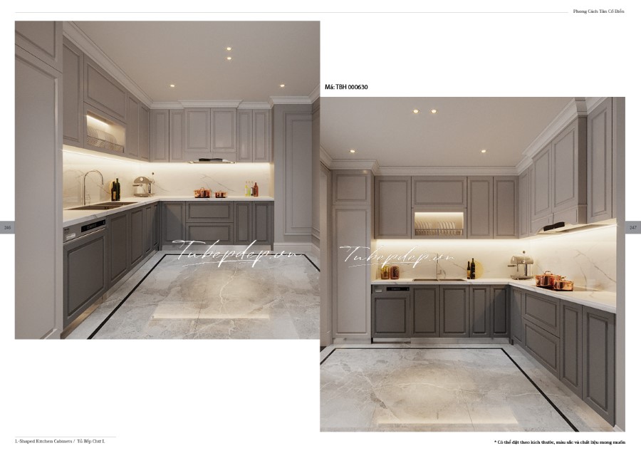 Thiết kế phòng bếp biệt thự tân cổ điển màu trắng